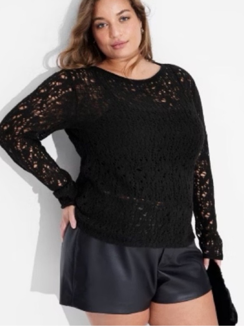 Wild Fable Black Knit Crochet Open Weave Long Sleeve Sweater Top Size Small